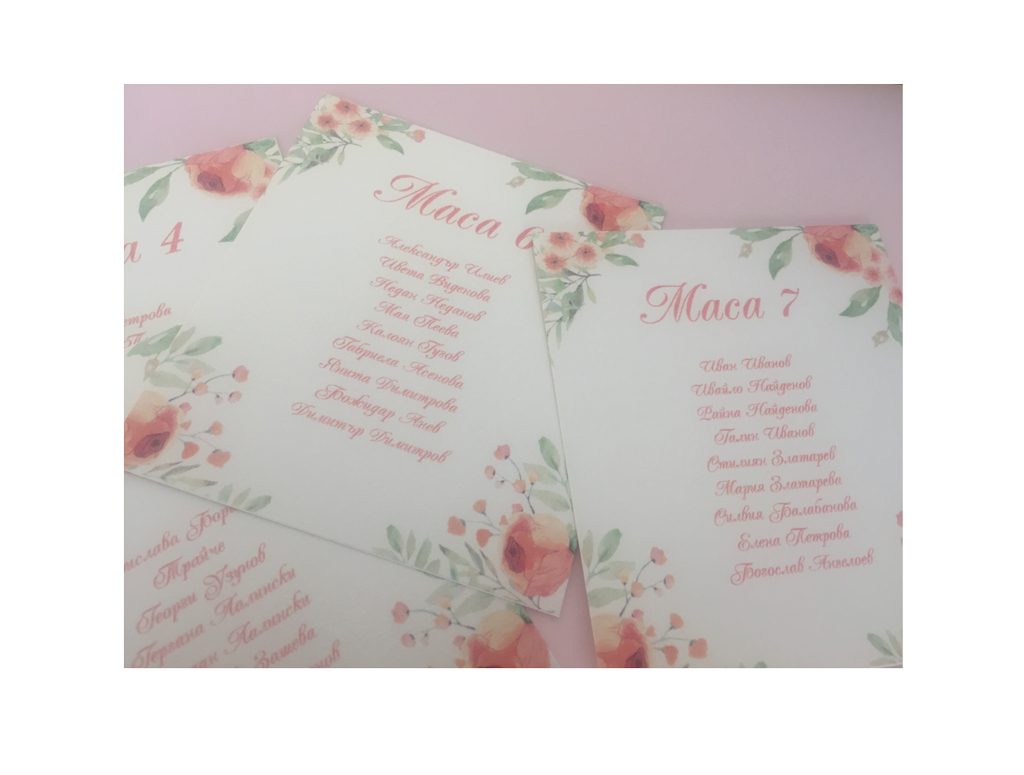 Картичка с номер на маса и имена на гости „Peach flowers“